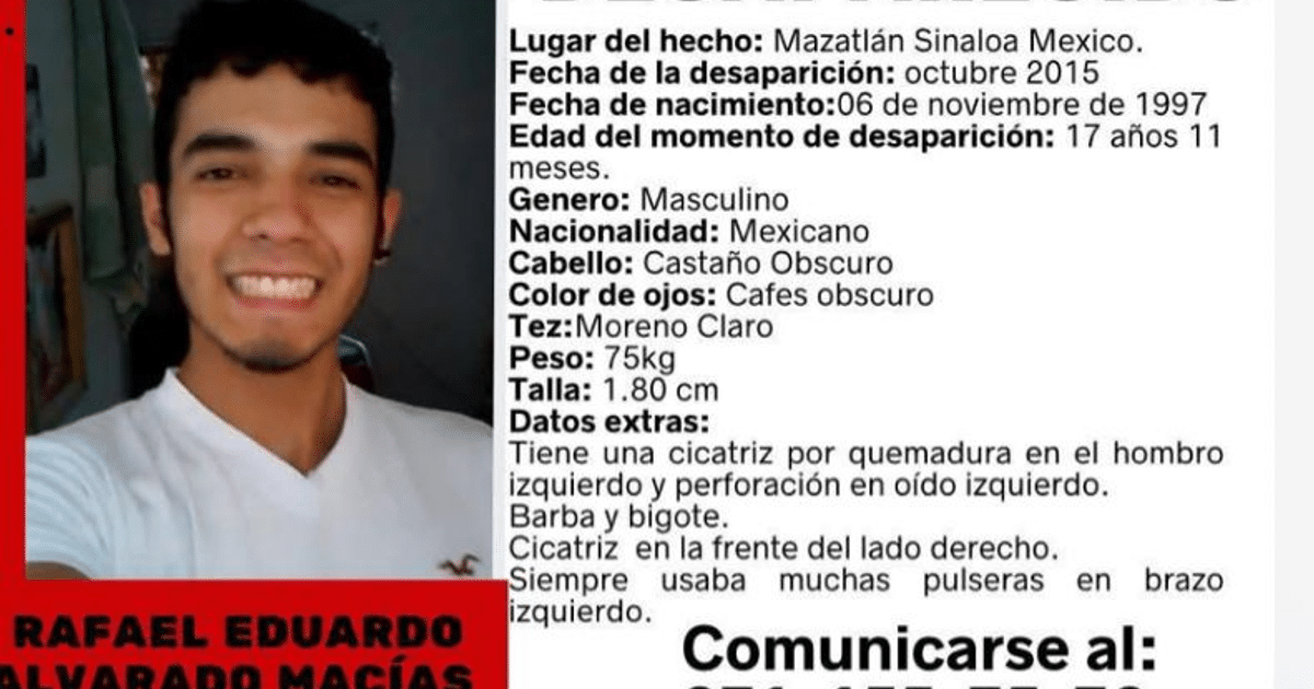 Cartel de búsqueda de Rafael Eduardo Alvarado Macías con detalles de desaparición y características físicas.