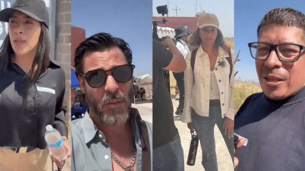 Cuatro personas grabando videos al aire libre, vinculadas a la visita de influencers al Rancho Izaguirre.