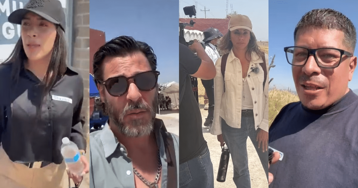 Cuatro personas grabando videos al aire libre, vinculadas a la visita de influencers al Rancho Izaguirre.