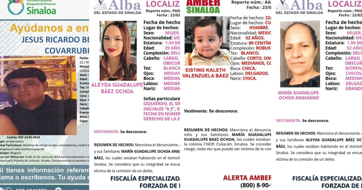 Folletos de búsqueda de personas desaparecidas en Sinaloa con detalles de contacto.