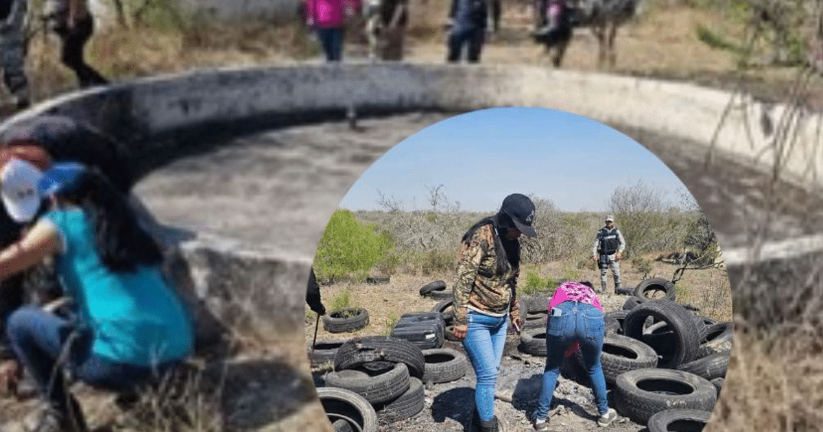 Personas inspeccionando un terreno con neumáticos y estructura de cemento en Reynosa, relacionado con hallazgos de restos óseos.