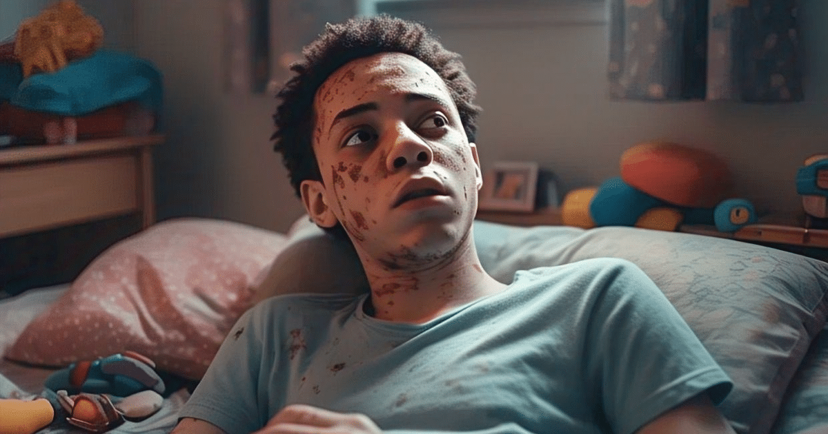 Joven preocupado en cama con manchas en el rostro, en una habitación con juguetes, durante brote de sarampión en Texas.