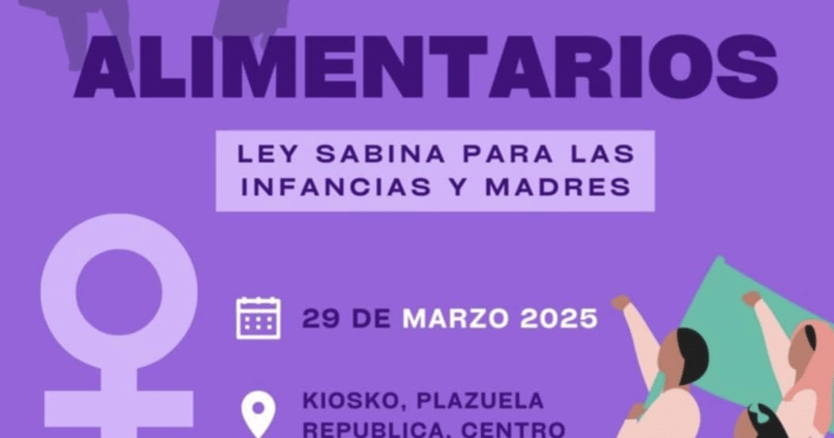 Cartel del evento Ley Sabina para infancias y madres en Mazatlán, 29 de marzo de 2025, con fondo morado y símbolo femenino.