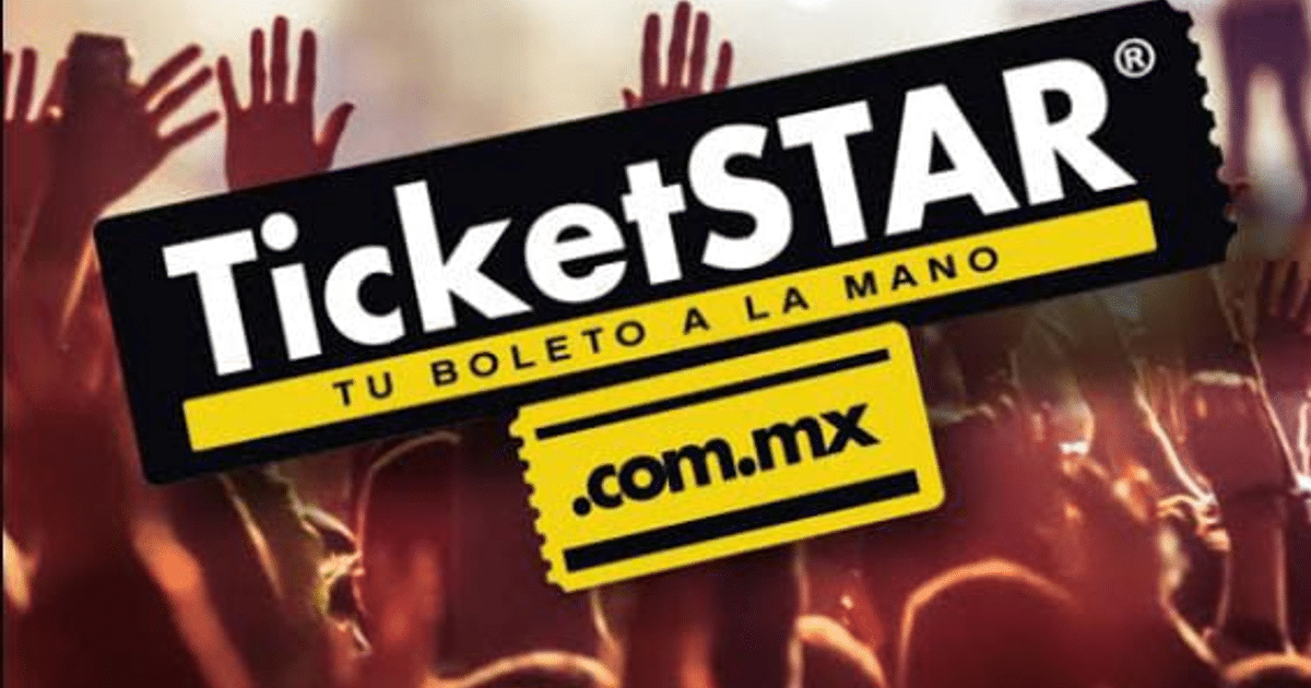 Logotipo de TicketSTAR con lema 'TU BOLETO A LA MANO' y fondo de manos levantadas.