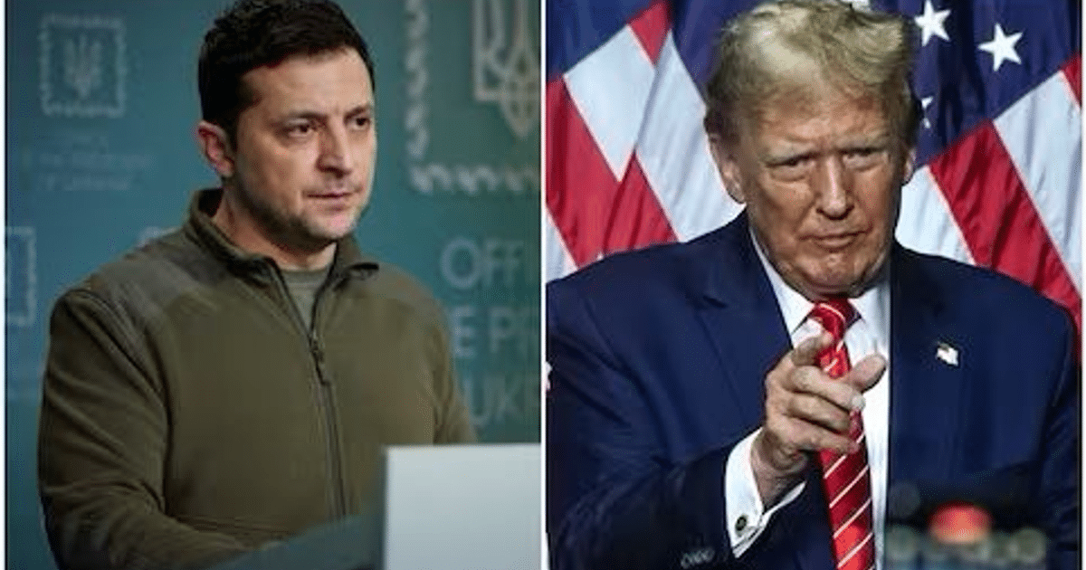 Donald Trump y Volodimir Zelensky en una conferencia, con banderas de fondo, discutiendo sobre la ayuda militar a Ucrania.