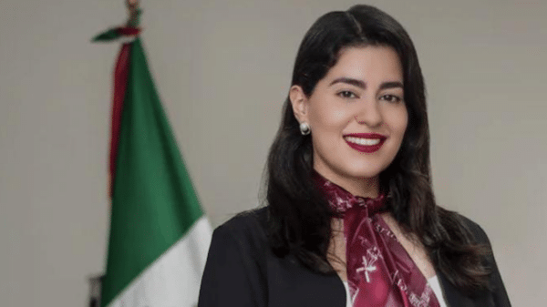 Mujer sonriente con blusa negra y bufanda, frente a la bandera de México, en contexto de violencia vicaria.