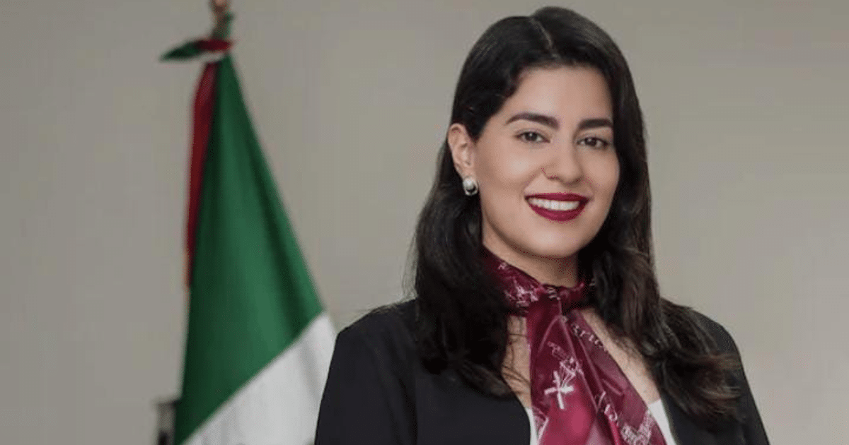 Mujer sonriente con blusa negra y bufanda, frente a la bandera de México, en contexto de violencia vicaria.