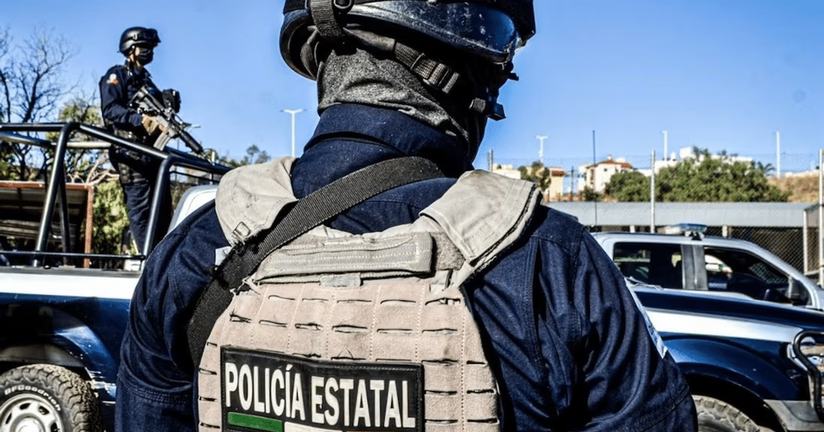 Oficial de policía estatal con chaleco táctico en área urbana de Sinaloa