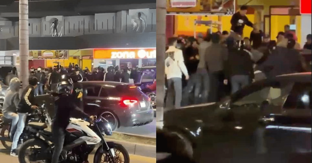 Confrontación nocturna en Mazatlán entre motociclistas y automovilista en una avenida concurrida.