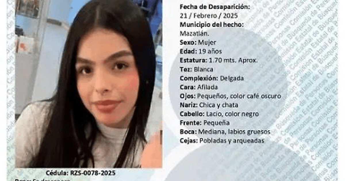 Aviso de desaparición de joven de 19 años en Mazatlán, con detalles físicos y última ubicación conocida.