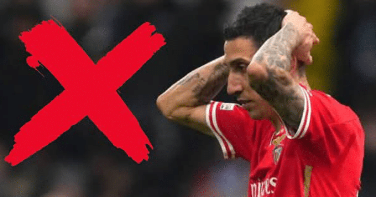 Jugador de fútbol con expresión de frustración y marca de 'X' roja sobre la imagen, simbolizando el rechazo de la transferencia de Ángel Di María al Club América.