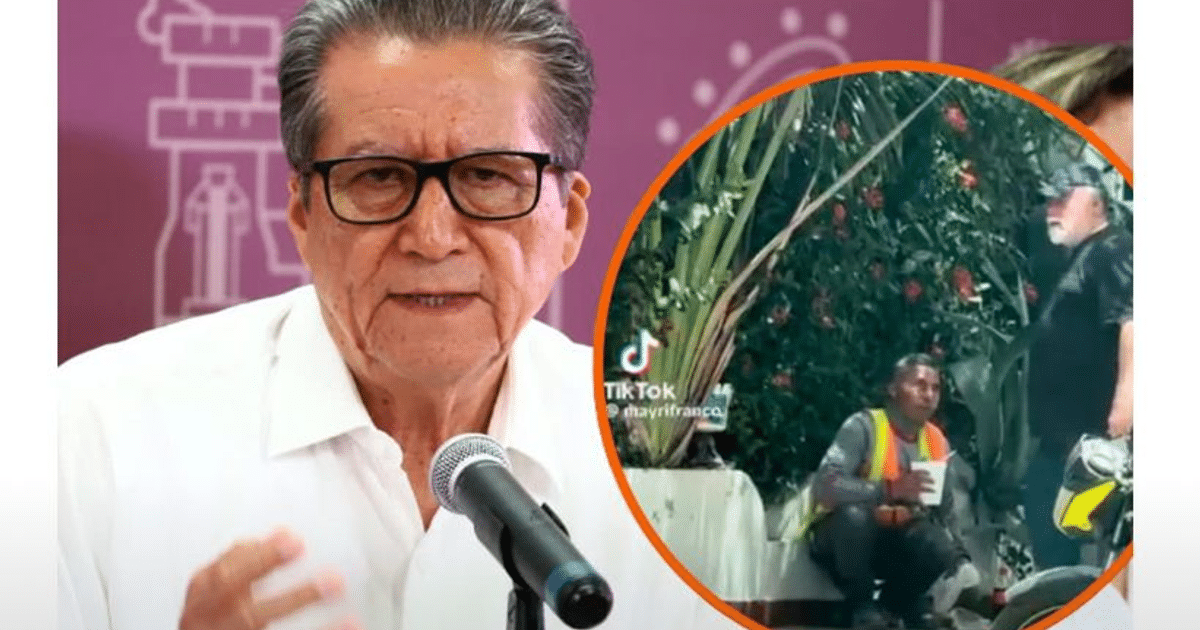 Hombre canoso hablando en evento y escena de abuso vecinal en Mazatlán