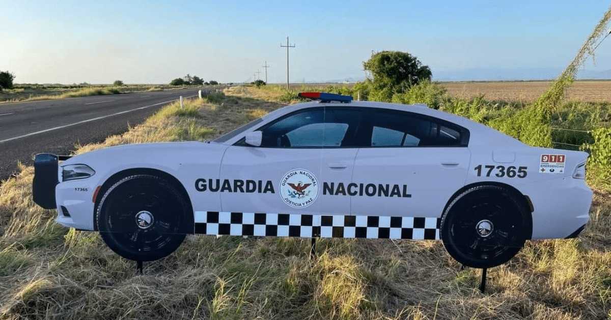 Coche de policía de la Guardia Nacional junto a una carretera con vegetación.