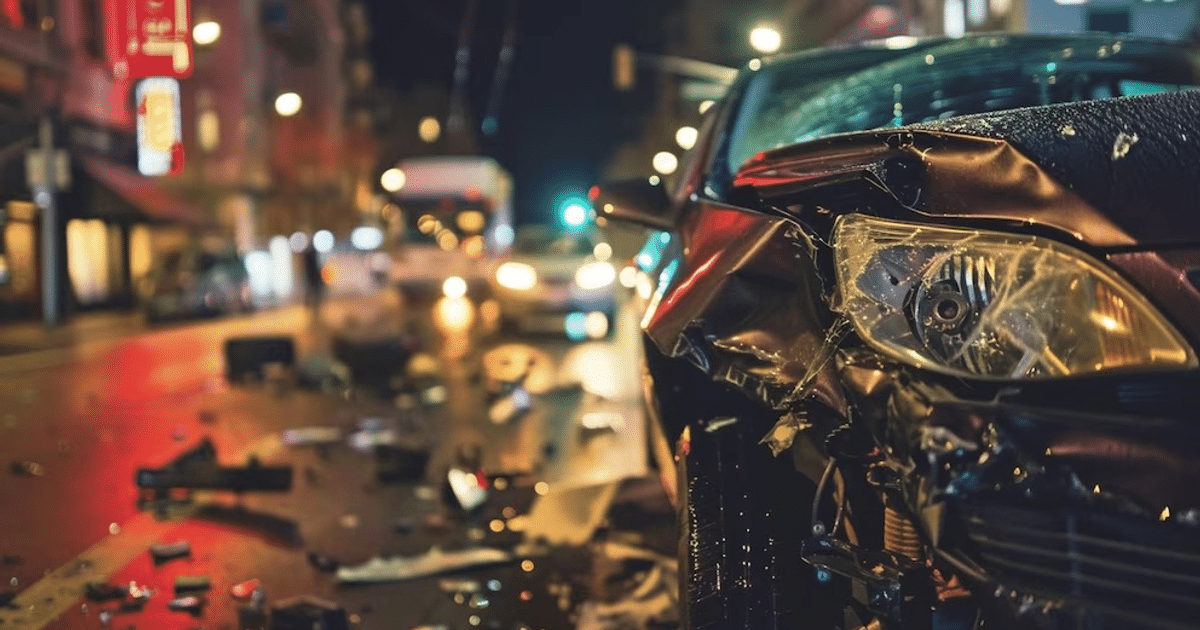 Accidente de Tesla 2023 en una calle urbana de noche, con daños frontales y restos en el suelo.