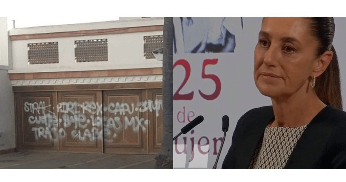 Mujer hablando en evento del Día Internacional de la Mujer junto a pared con grafitis