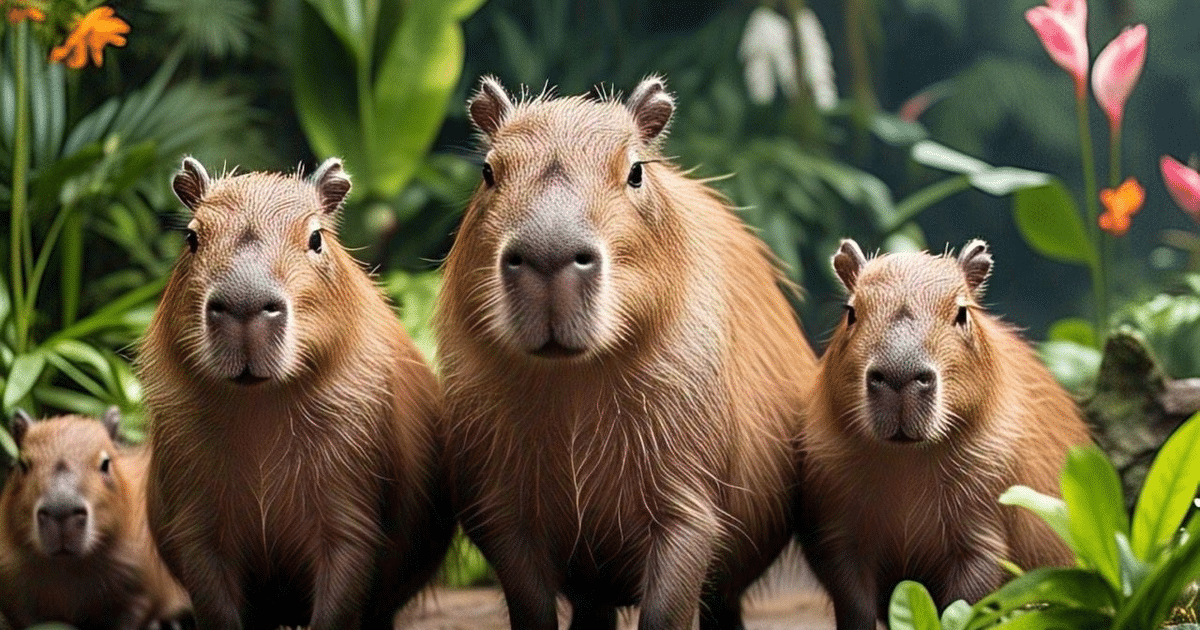 Cuatro capibaras en un entorno natural en el Gran Acuario Mazatlán