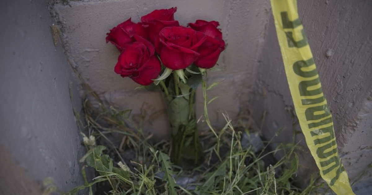 Ramo de rosas rojas con cinta de advertencia amarilla, homenaje a víctimas de violencia en Sinaloa.