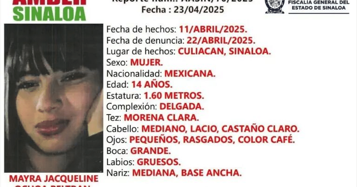 Boletín de Alerta AMBER para Mayra Jacqueline en Culiacán, Sinaloa.
