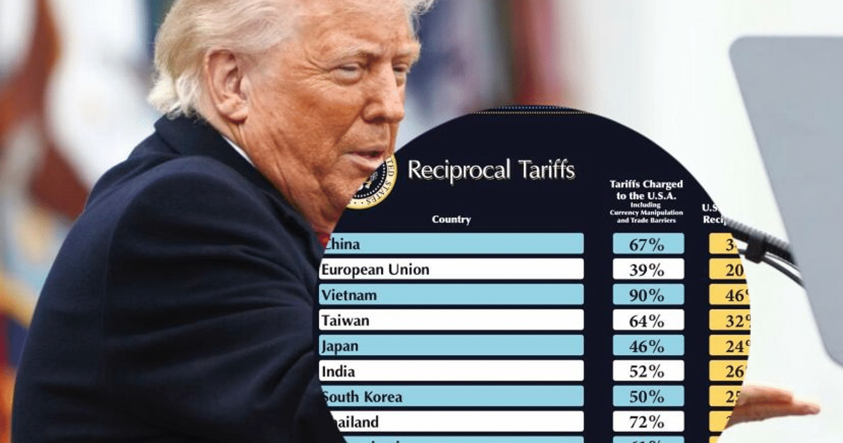 Persona en conferencia con gráfico de tarifas recíprocas en el Jardín de las Rosas