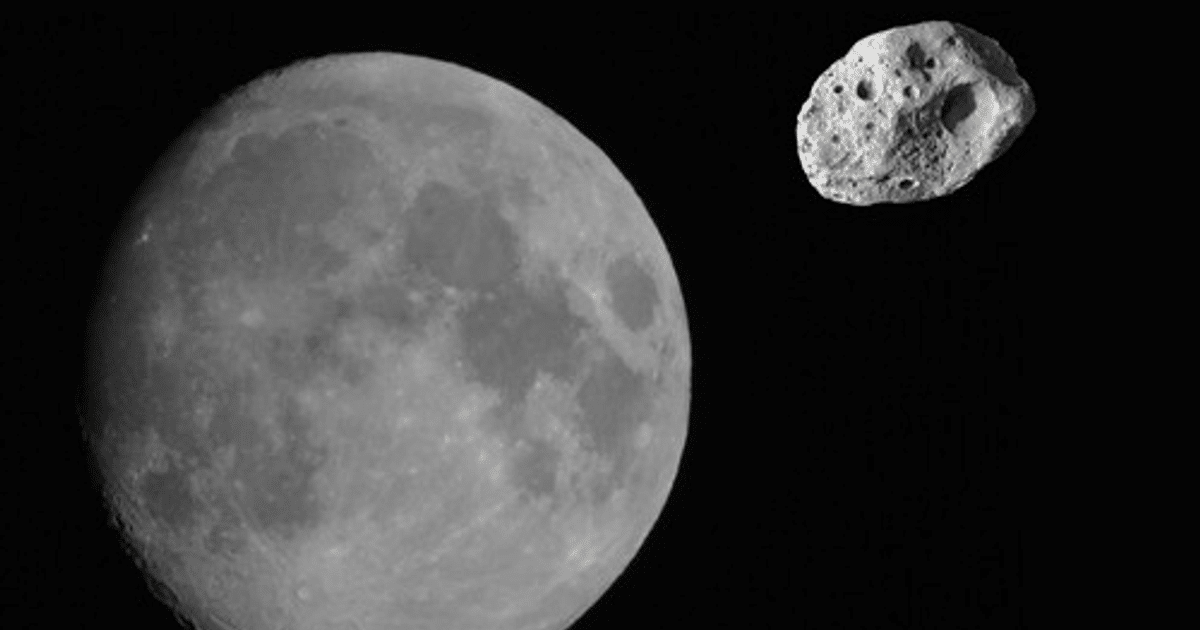 Imagen de la Luna y el asteroide 2024 YR4 en el espacio, con fondo negro.