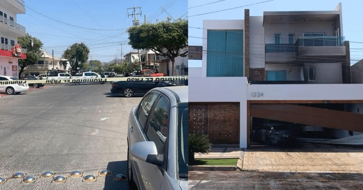 Calle con cinta amarilla de escena de crimen en Culiacán, vehículos estacionados y casa dañada al fondo.