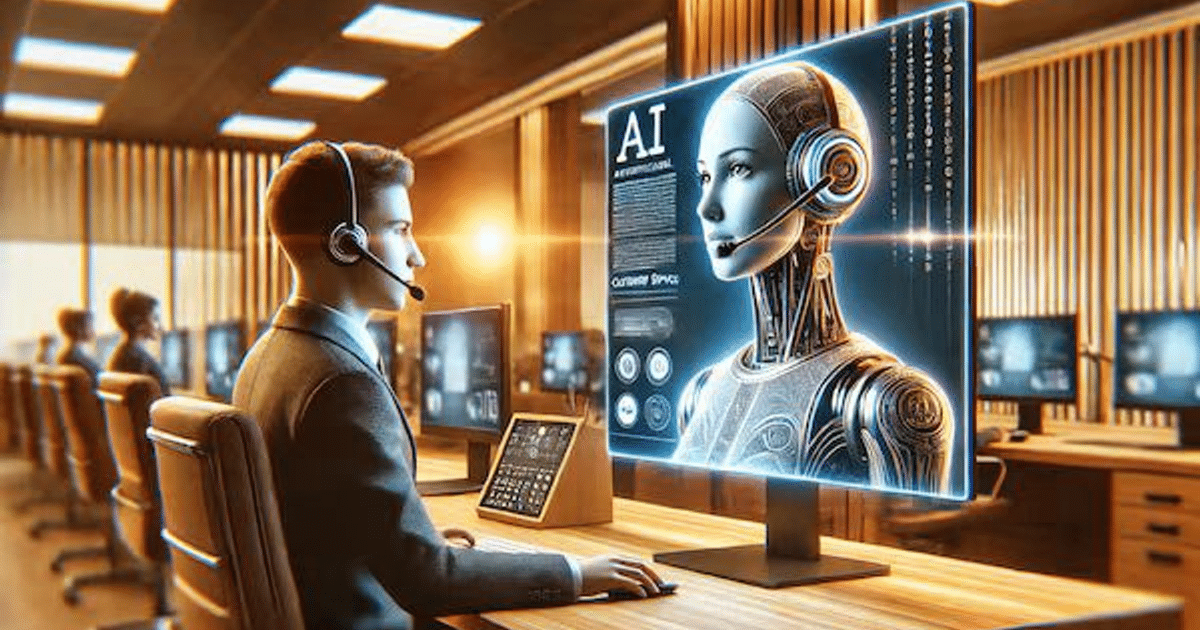 Hombre con auriculares frente a computadora mostrando robot con IA en oficina moderna