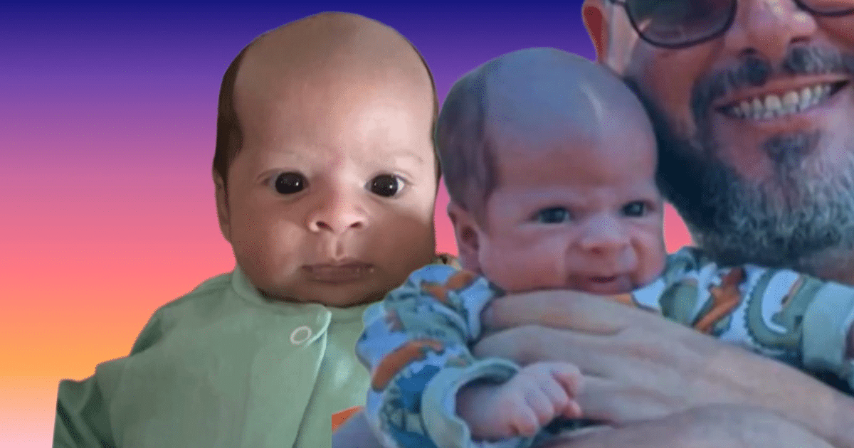 Dos bebés con expresiones faciales distintas, uno sostenido por un adulto, sobre un fondo degradado de púrpura a naranja.