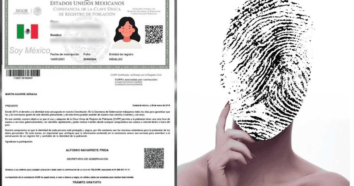 Documento CURP de México con ilustración de huella dactilar en lugar de rostro humano, simbolizando la incorporación de datos biométricos.