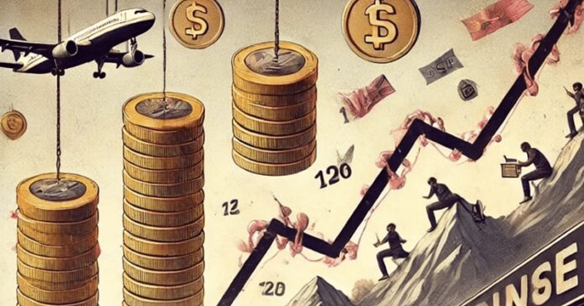 Imagen de monedas apiladas, avión y gráfico ascendente representando crecimiento financiero en tiempos de incertidumbre económica.