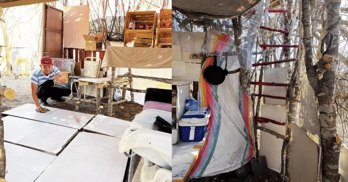 Refugio autoconstruido con materiales naturales, mostrando un ambiente rústico y creativo.