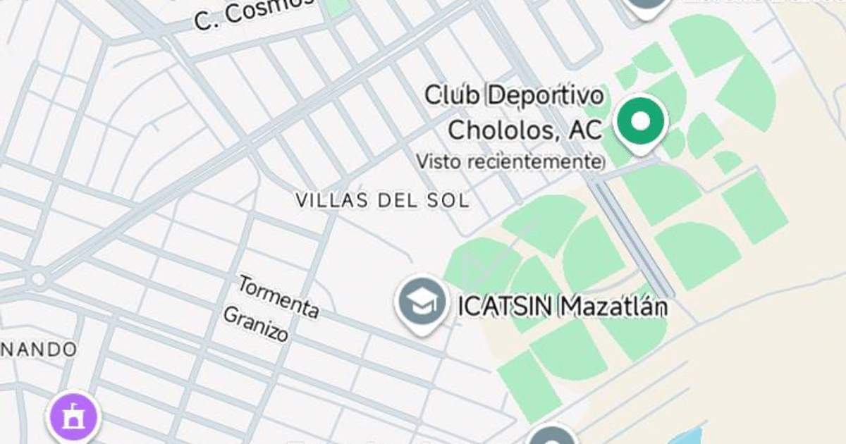 Mapa de Mazatlán mostrando calles, áreas verdes y lugares de interés como el Club Deportivo Chololos y ICATSIN Mazatlán.