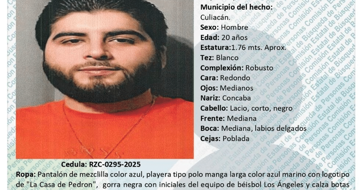 Ficha de búsqueda de Fausto Miguel, joven desaparecido en Culiacán, con detalles físicos y fotografía.
