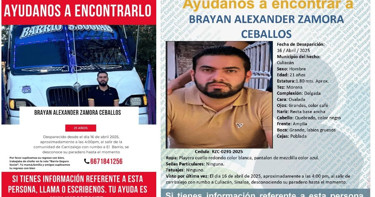 Cartel de búsqueda de Brayan Alexander Zamora Ceballos, desaparecido en Culiacán, Sinaloa.