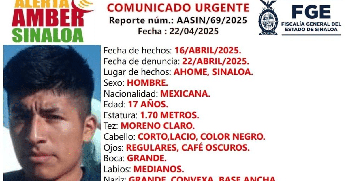 Comunicado de Alerta Amber de Uri Yael Pinacho García, joven desaparecido en Sinaloa.