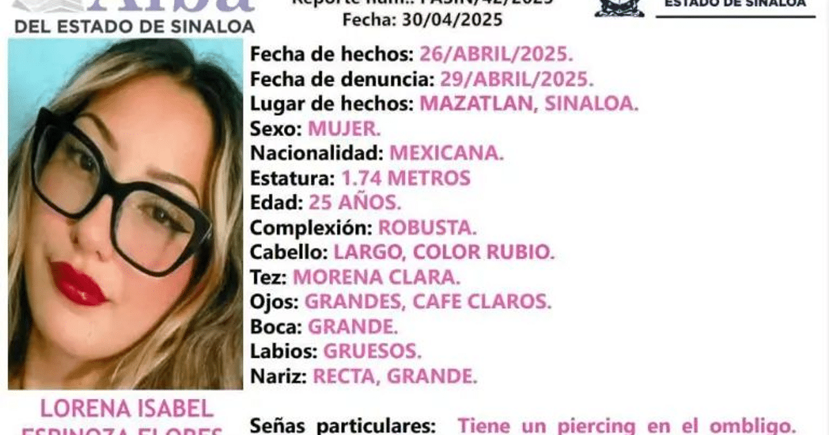 Reporte de desaparición de Lorena Isabel Espinoza Flores con detalles personales y características físicas.