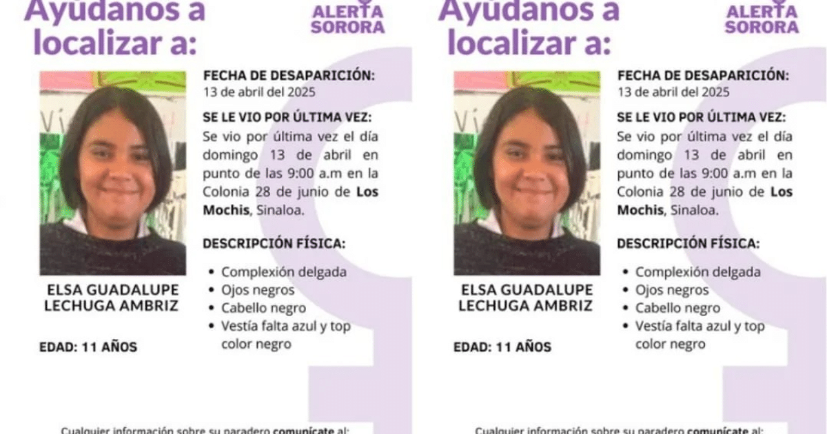 Cartel de desaparición de Elsa Guadalupe Lechuga Ambriz, 11 años, vista por última vez el 13 de abril de 2025 en Los Mochis, Sinaloa.