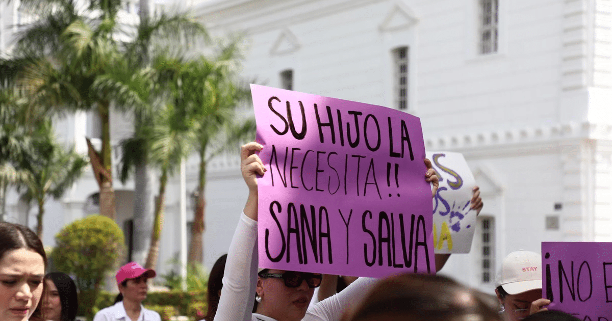 Manifestación en Culiacán por Diana Alejandra Carrillo Bustamante con cartel púrpura en primer plano.