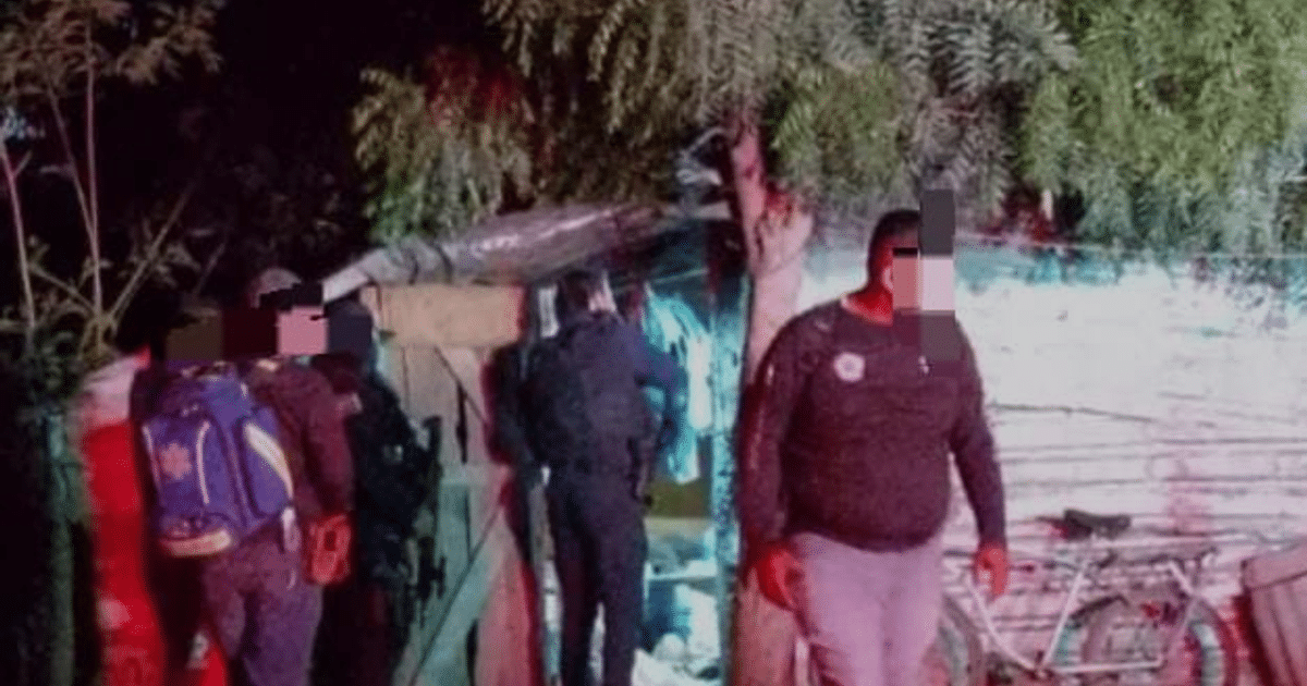 Grupo de personas en un entorno nocturno al aire libre cerca de una estructura de madera, con árboles alrededor.