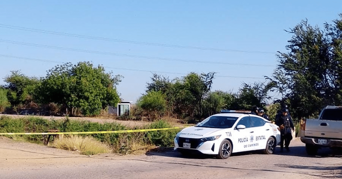 Automóvil de la policía estatal en área rural con cinta amarilla de seguridad y vegetación alrededor.