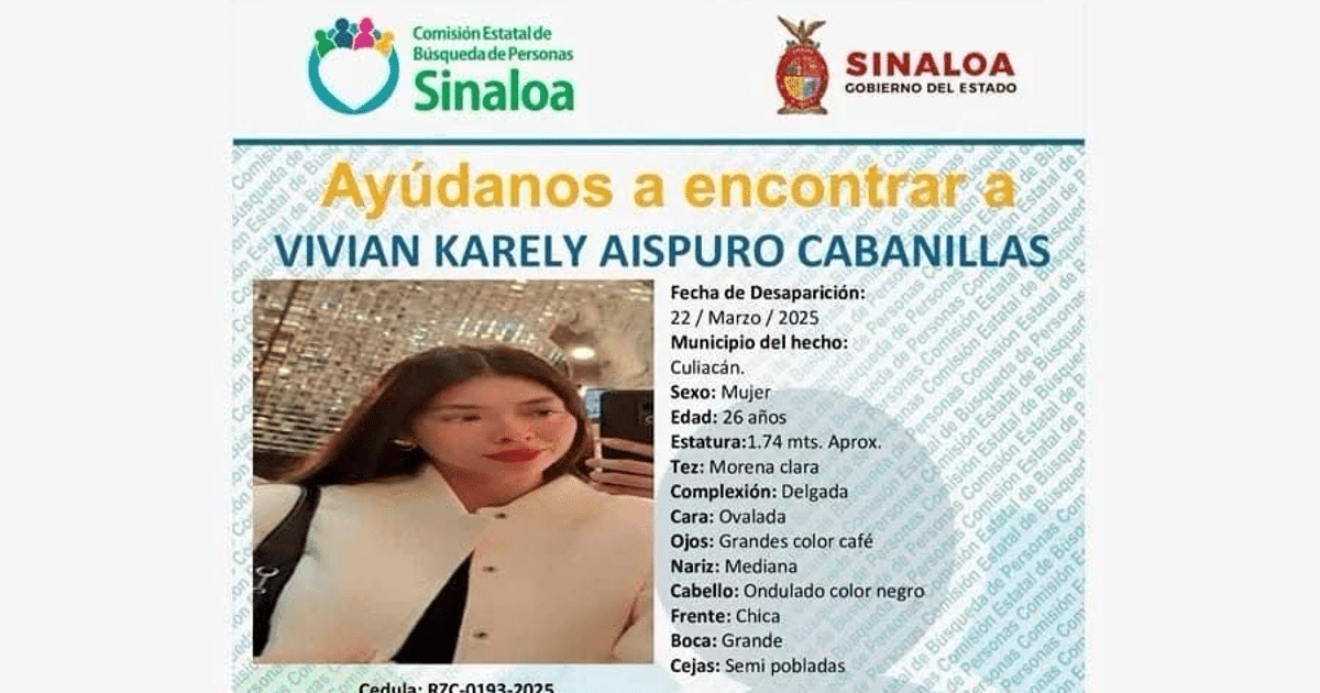 Cartel de búsqueda de Vivian Karel Aispuro Cabanillas, desaparecida en Culiacán.