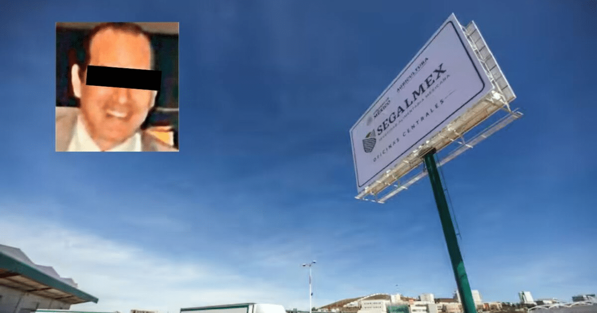 Cartel de SEGALMEX Oficinas Centrales con cielo azul de fondo y foto de persona no identificada.