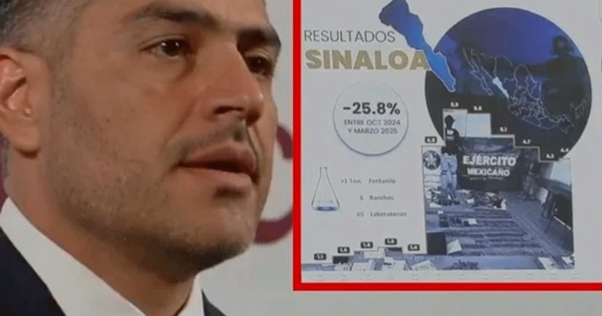 Hombre en conferencia de prensa con gráfico de resultados de seguridad en Sinaloa