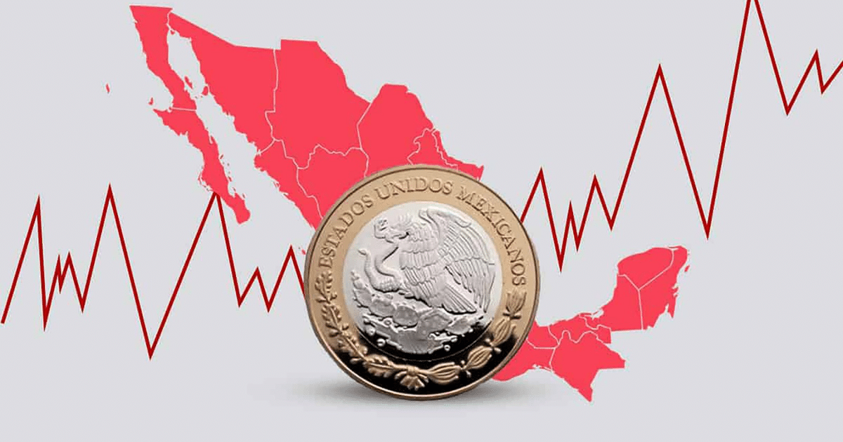 Mapa de México en rojo con moneda y gráfica económica