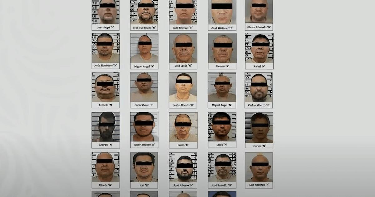Cuadrícula de fotos de identificación de presuntos narcotraficantes con ojos cubiertos y nombres.
