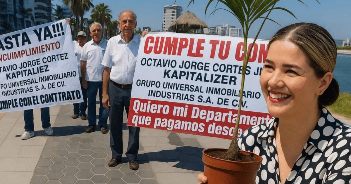 Protesta en Mazatlán por fraudes inmobiliarios, con manifestantes sosteniendo carteles y una mujer con una planta.