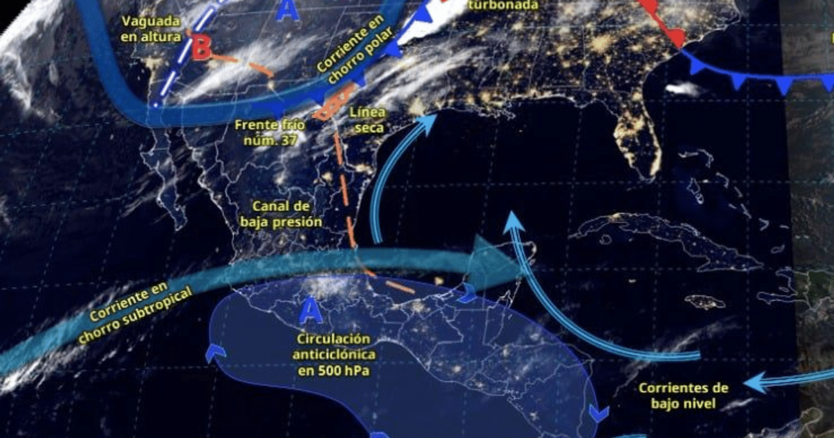 Mapa meteorológico mostrando el frente frío Nº 37 y sistemas atmosféricos en México.