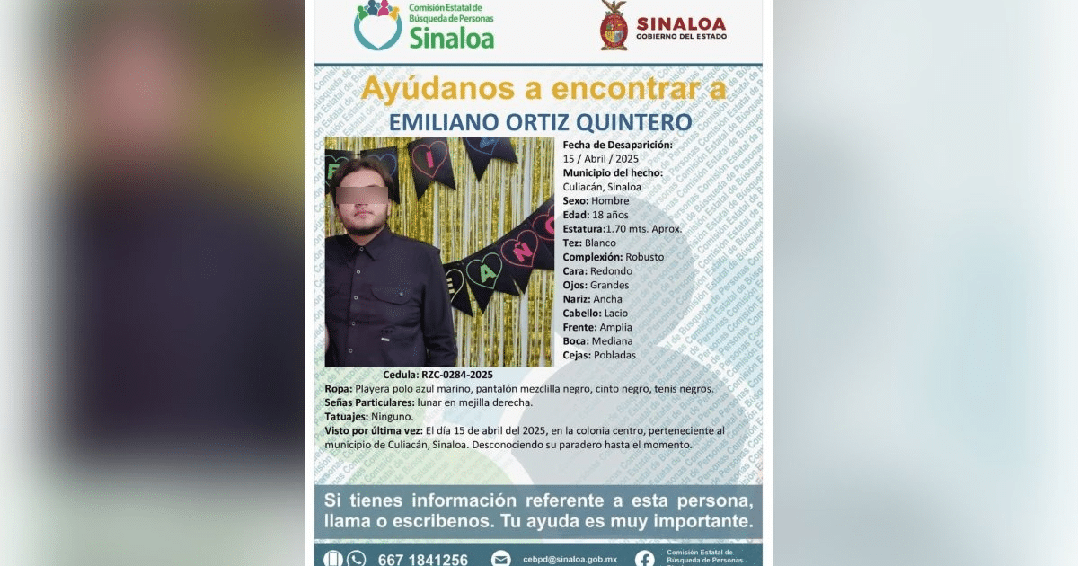 Cartel de búsqueda de Emiliano Ortiz Quintero, desaparecido en Culiacán, Sinaloa.
