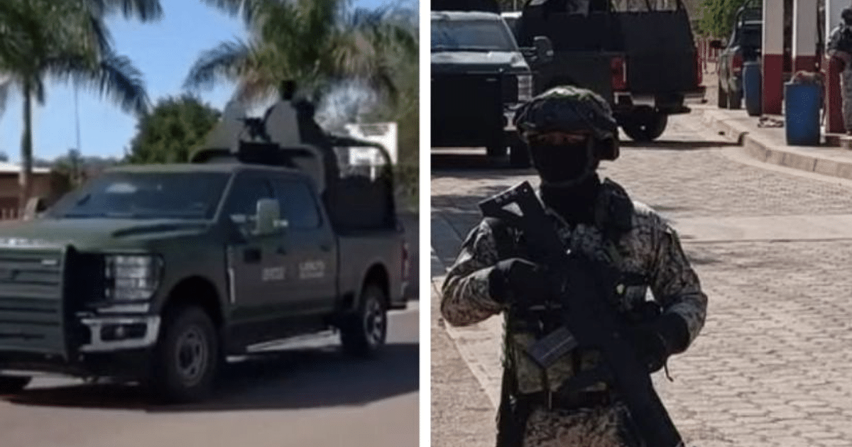 Camión policial verde y agente armado en operativo militar en Mocorito