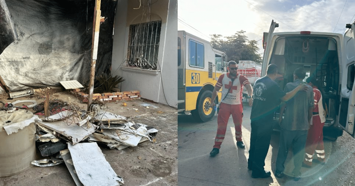 Escena de rescate en incendio con paramédicos y escombros en Los Mochis