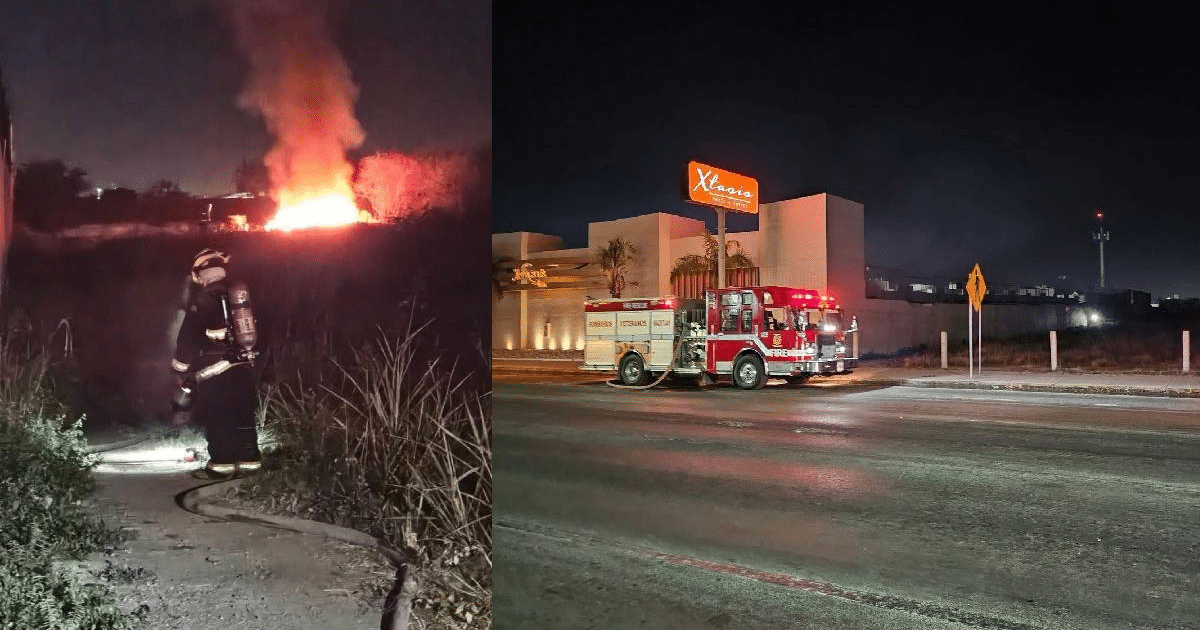 Bombero combatiendo incendio nocturno en Mazatlán con camión de bomberos al fondo